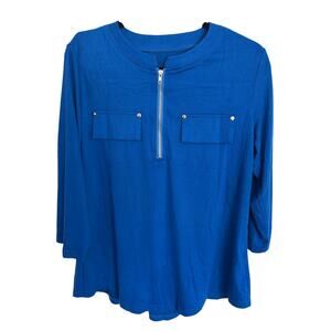 Lomon Blue Zip Front Blouse NWT 3/4 Sleeve Lightweight Top Women - L